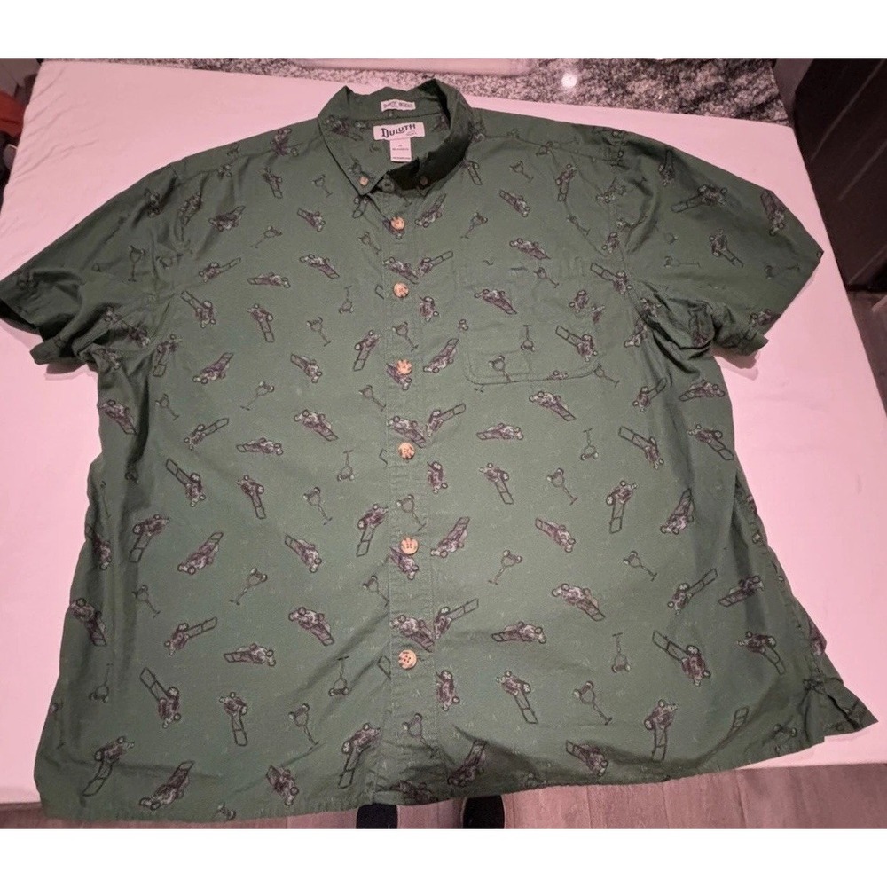 Duluth Trading Co Shirt Mens XL Green Lawnmower Print Untucked Relaxed Fit